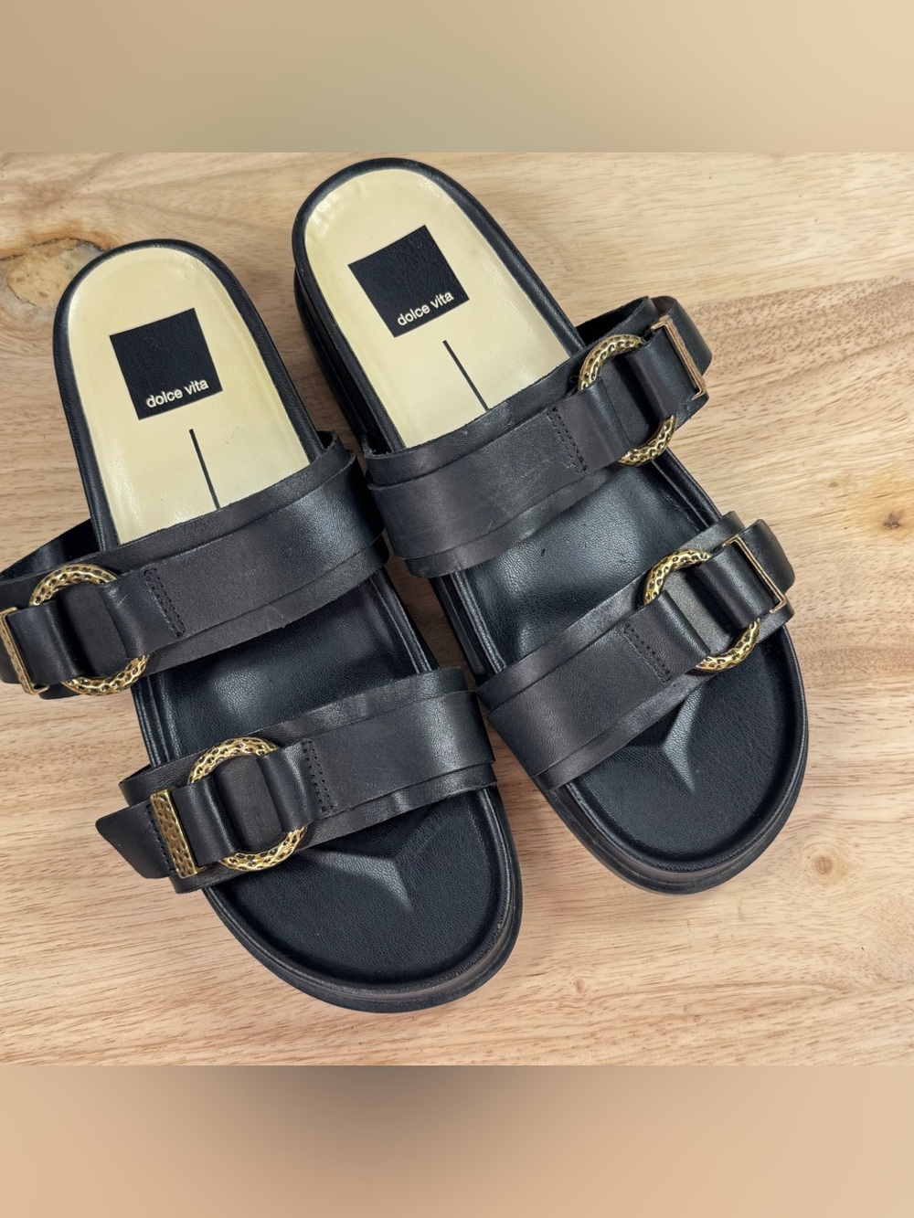 Dolce Vita Soya Platform Double Buckle Leather Sandals Black 7.5‎ Chunky Boho